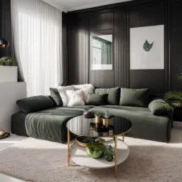 Elegancki salon z ciemnymi panelami ściennymi, zieloną sofą narożną, okrągłym stolikiem kawowym z czarnym blatem, puszystym dywanem i pionową ścianą z mchu.