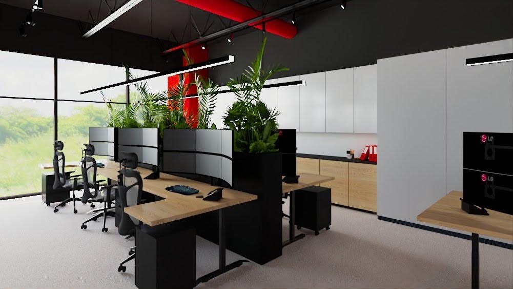 Wizualizacja nowoczesnego biura z biurkami z drewnianymi blatami, ergonomiczne krzesła biurowe, ścianki działowe z monitorami i roślinami doniczkowymi, z akcentami czerwieni w oświetleniu...