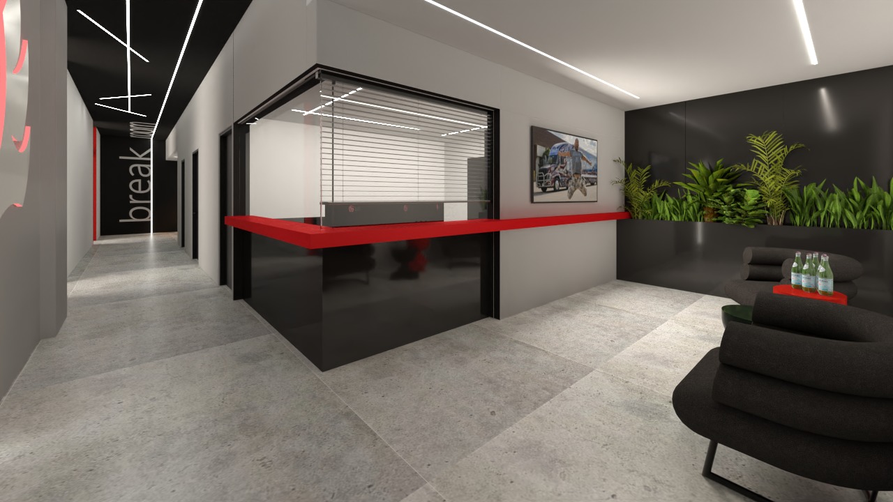 Wizualizacja nowoczesnego biura z recepcją w kolorach czerni i czerwieni, widok na korytarz z napisem 'break room' i strefę relaksu z roślinami i sofami.