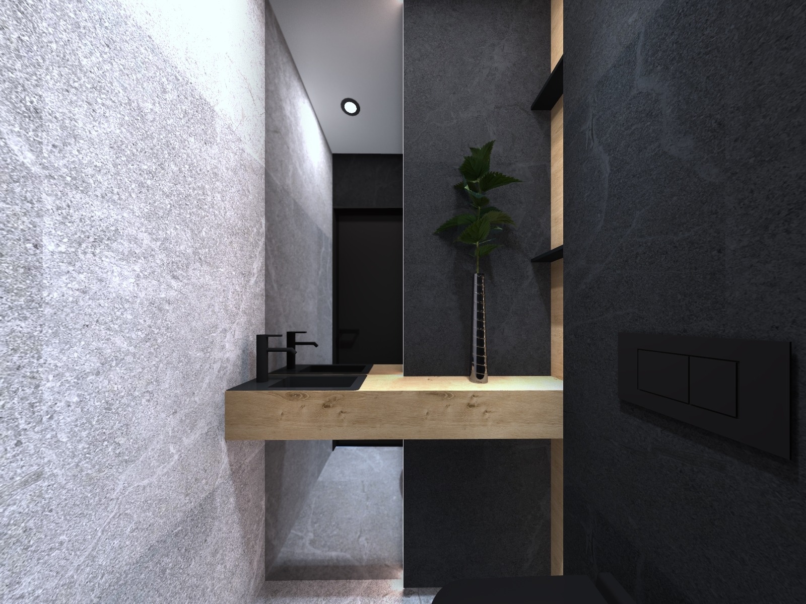 Nowoczesna łazienka z szarą kamienną okładziną ścian, drewnianym blatem pod umywalką i czarną armaturą, minimalistyczna roślina w wazonie jako element dekoracyjny.