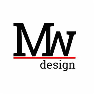 Czarno-białe logo z inicjałami 'MW' i napisem 'design' podkreślonym czerwoną linią.