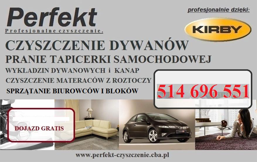 Reklama firmy oferującej profesjonalne czyszczenie dywanów, tapicerki samochodowej, wykładzin, kanap oraz materaców z roztoczy, z logo Kirby i numerem telefonu.