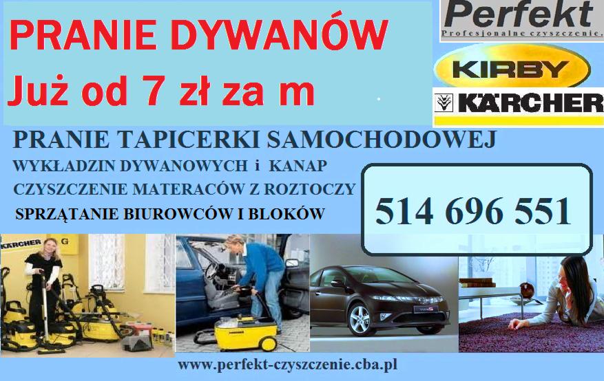 Ogłoszenie firmy z Warszawy oferującej pranie dywanów, tapicerki samochodowej, czyszczenie materaców i sprzątanie biur, z użyciem sprzętu Karcher i Kirby, wraz z numerem telefonu.
