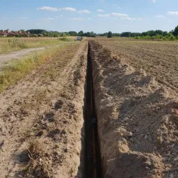 Długi wykop w ziemi z ułożonymi rurami, widok z góry, w tle pole i zabudowania mieszkalne pod błękitnym niebem.