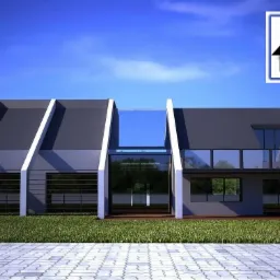 Wizualizacja nowoczesnego domu z płaskim dachem, połączonego szklanym łącznikiem, z logiem firmy w prawym górnym rogu.