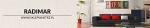 Logo firmy Radimar z adresem strony internetowej, obok fragment aranżacji wnętrza z czerwonymi elementami dekoracyjnymi i kolorowym napisem.