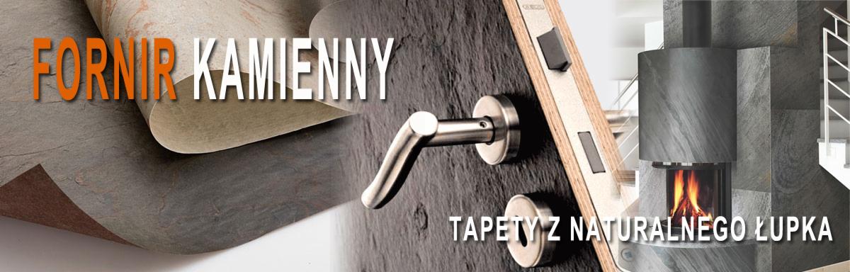 Kompozycja przedstawiająca fornir kamienny, drzwi obite łupkiem naturalnym z metalową klamką oraz kominek wykończony płytami z łupka, schody w tle.