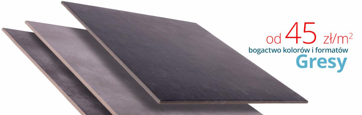 Prezentacja trzech płyt gresowych w odcieniach szarości z widoczną fakturą, cena od 45 zł za metr kwadratowy, bogactwo kolorów i formatów.