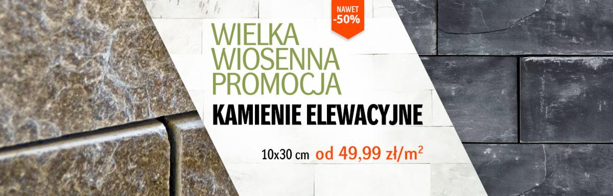 Promocja kamieni elewacyjnych, prezentacja dwóch rodzajów okładzin: brązowa o wyraźnej fakturze i czarna o gładkiej powierzchni, z informacją o wiosennej promocji i cenie za metr kwadratowy.