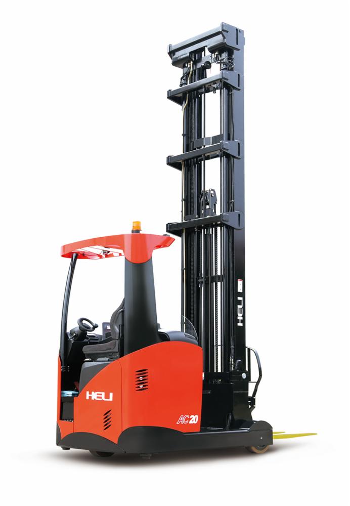 Nowy, pomarańczowo-czarny wózek widłowy wysokiego składowania marki HELI, model AC20, sfotografowany na białym tle w studiu.