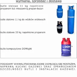 Oferta sprzedaży i dostawy butli gazowych: stalowe 11 kg, 33 kg oraz kompozytowe DOMlight, w tle logo firmy InstalGaz.