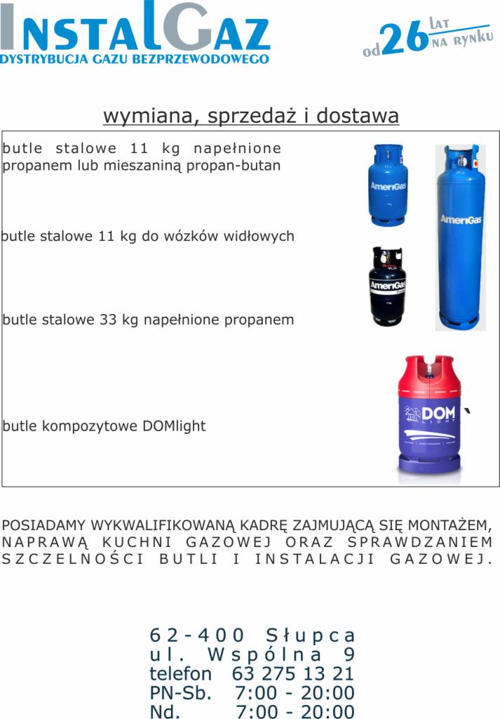 Oferta sprzedaży i dostawy butli gazowych: stalowe 11 kg, 33 kg oraz kompozytowe DOMlight, w tle logo firmy InstalGaz.
