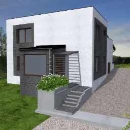 Wizualizacja nowoczesnego domu z białymi ścianami i szarą okładziną, z wejściem ozdobionym schodami i donicą z kwiatami, otoczonego zielonym trawnikiem i brukowaną ścieżką.