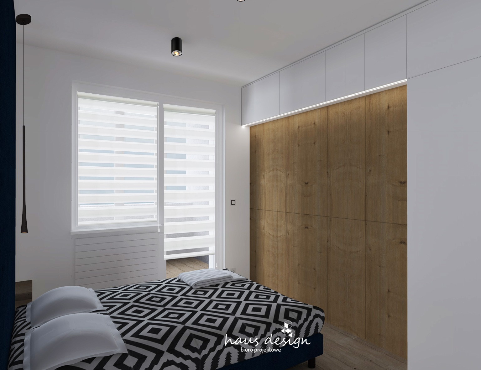 Nowoczesna sypialnia z łóżkiem w geometryczny wzór, drewnianą zabudową szafy i roletami w oknie.