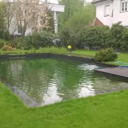 Duży, prostokątny staw kąpielowy z drewnianym pomostem w ogrodzie; osoba w oddali przy brzegu, widoczne narzędzia do pielęgnacji.
