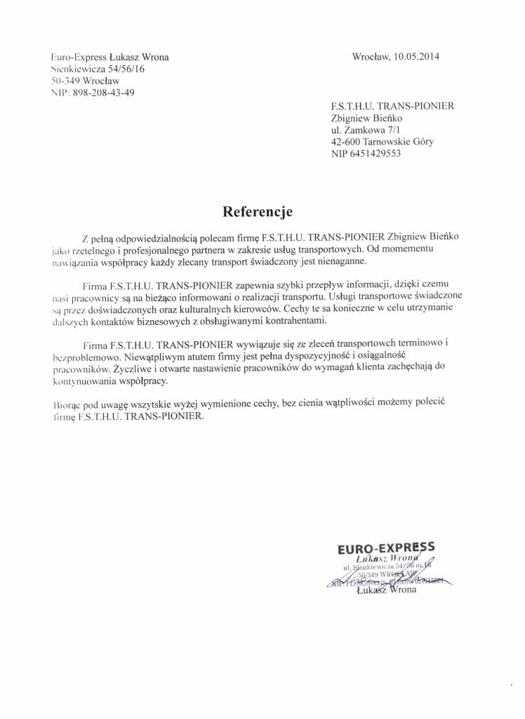 Skan referencji dla firmy transportowej F.S.T.H.U. TRANS-PIONIER, polecającej ją jako rzetelnego partnera w usługach transportowych, z pieczątką i podpisem Euro-Express Łukasz Wrona.