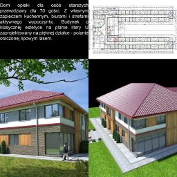 Paweł Rabczyński Projektowanie Architektury - Wizualizacja domu opieki w kształcie litery U, otoczonego zielenią. Widoczne plany architektoniczne i elewacje. Projekt Rabczyński, Gorzanów, 2019.