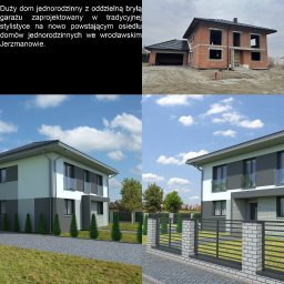 BOŻENA RABCZYŃSKA PROJEKTOWANIE ARCHITEKTURY - Dom jednorodzinny z garażem w Jerzmanowie: wizualizacja 3D gotowego projektu obok stanu surowego. Projekt Rabczyński Architektura, Wrocław.