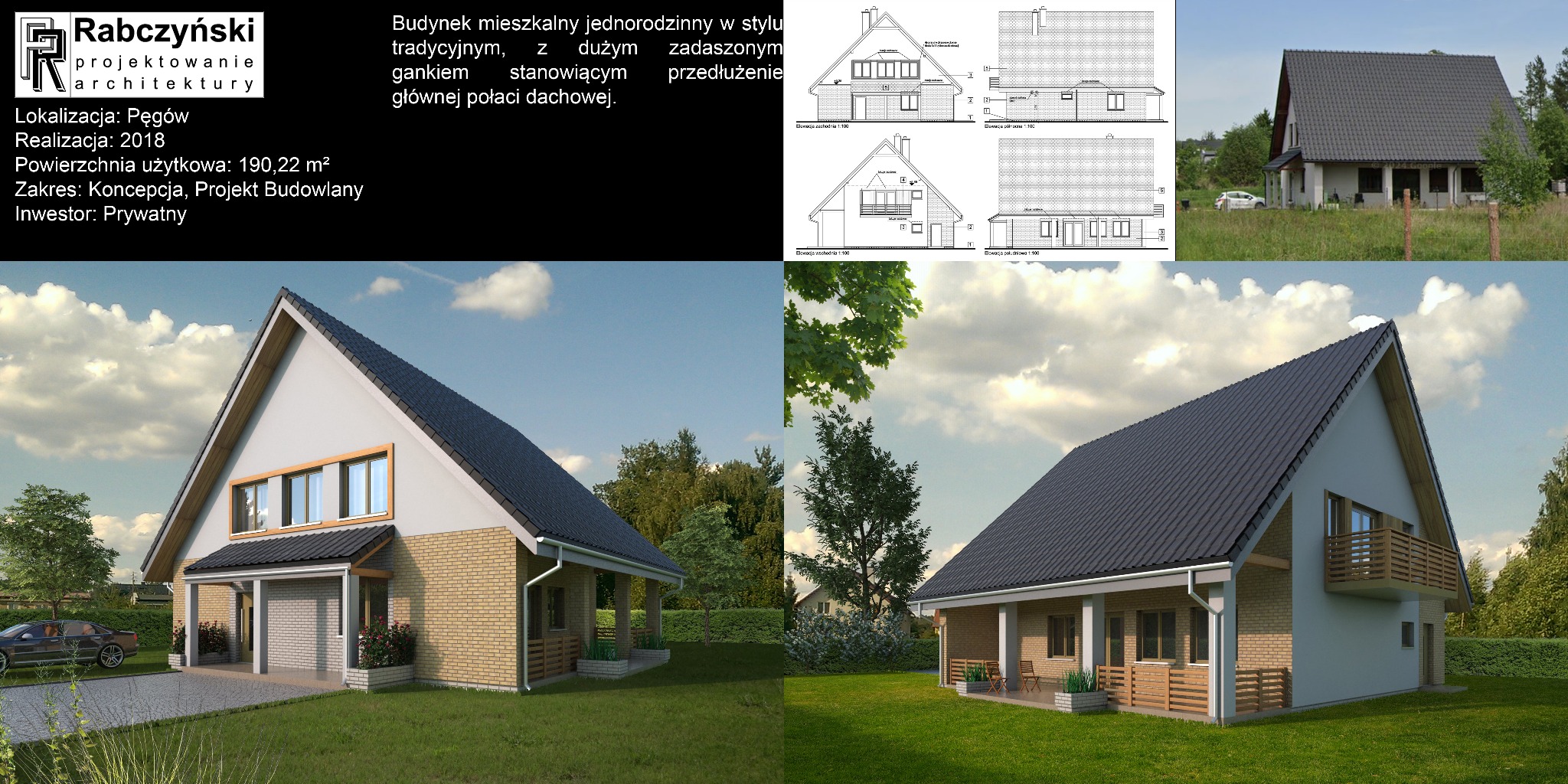 Wizualizacja projektu domu jednorodzinnego z dużym gankiem, w stylu tradycyjnym, z uwzględnieniem rzutów elewacji. Projekt Rabczyński Architektura, Pęgów, 2018.