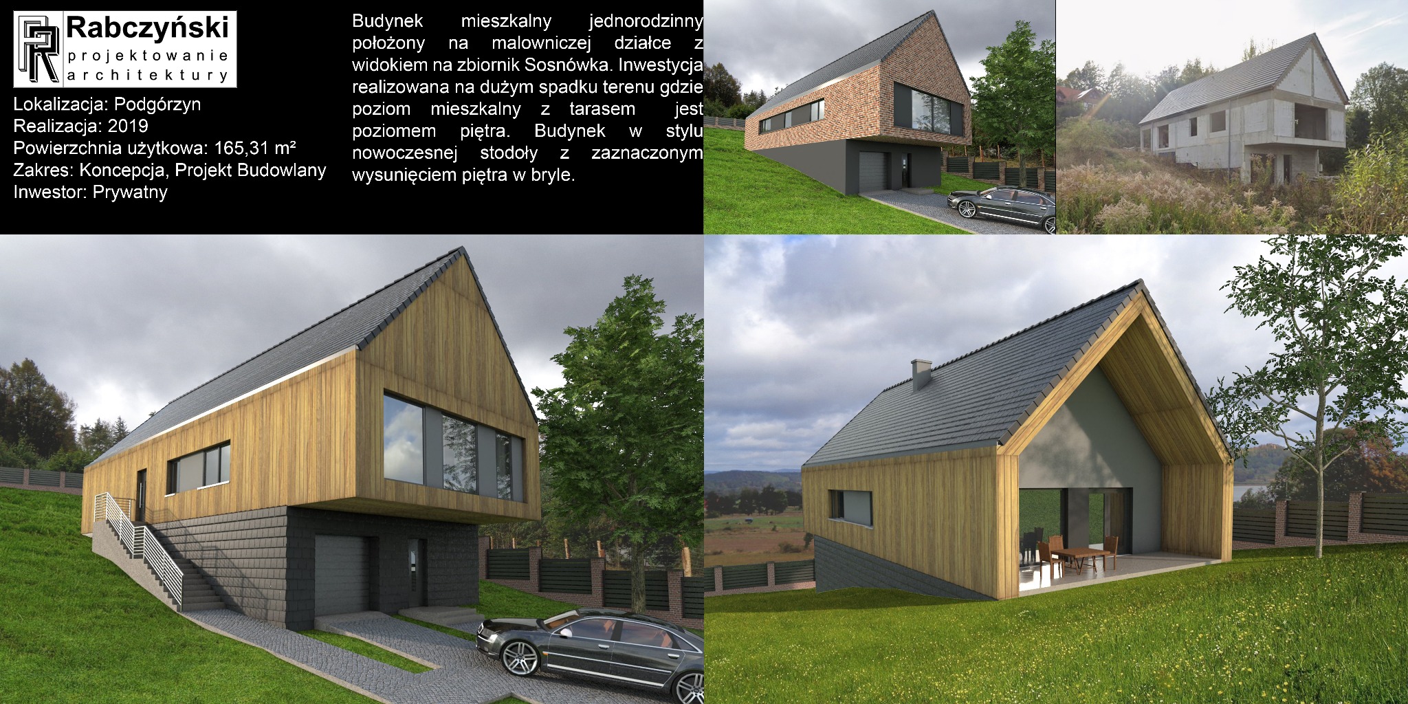 Wizualizacja projektu domu jednorodzinnego we Wrocławiu, w stylu nowoczesnej stodoły, z zaznaczonym wysunięciem piętra i tarasem, na malowniczej działce.