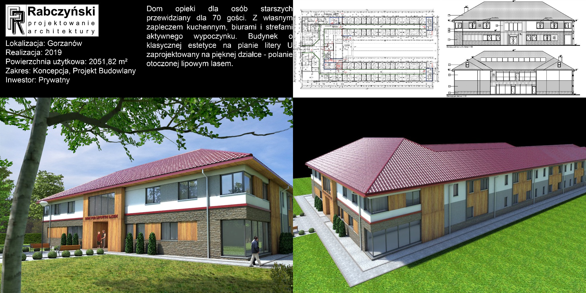 Wizualizacja domu opieki w kształcie litery U, otoczonego zielenią. Widoczne plany architektoniczne i elewacje. Projekt Rabczyński, Gorzanów, 2019.