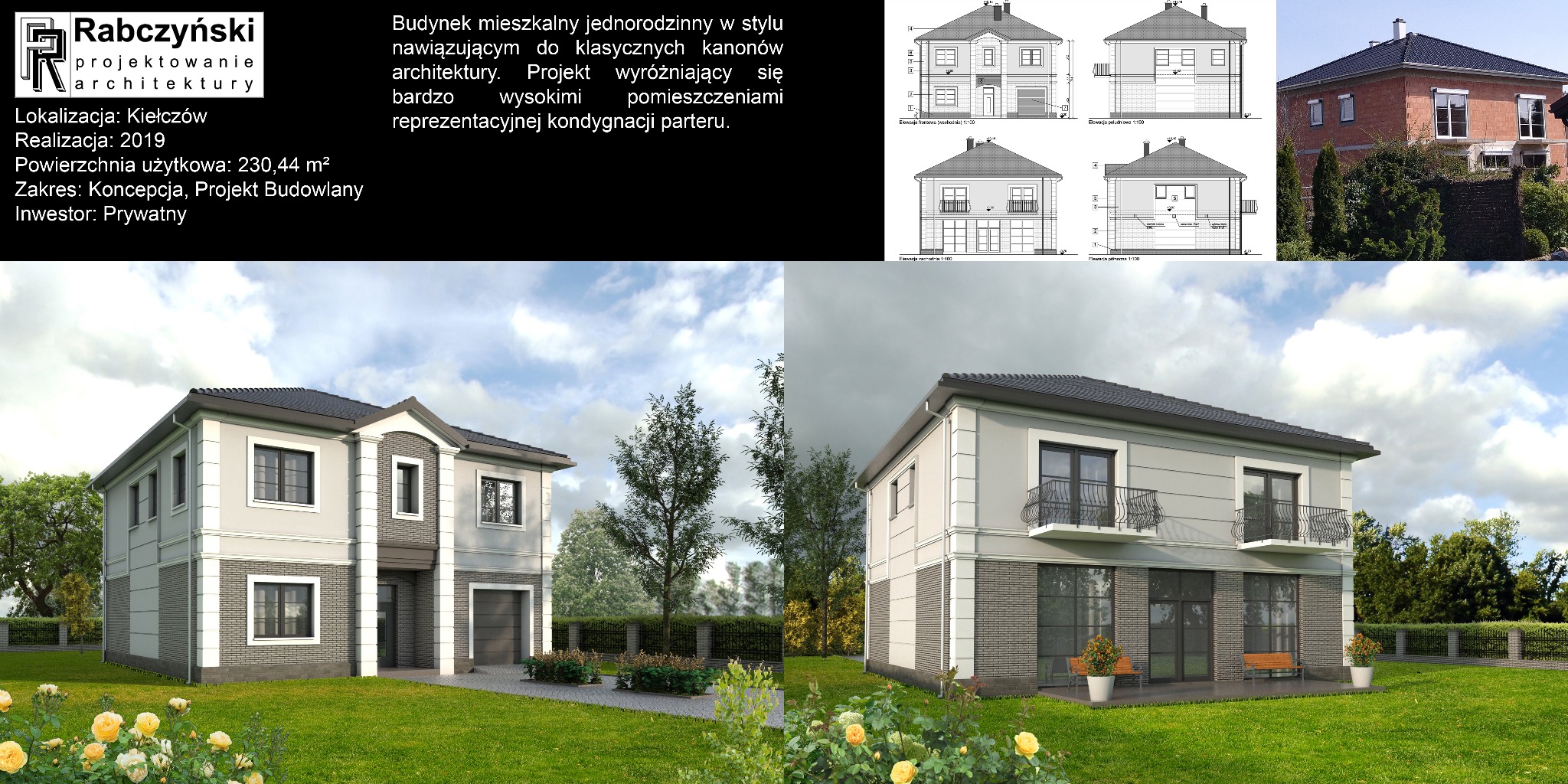 Wizualizacja dwukondygnacyjnego domu jednorodzinnego z szarą elewacją i balkonami, otoczonego zielenią. Widoczne detale architektoniczne i zagospodarowanie terenu.