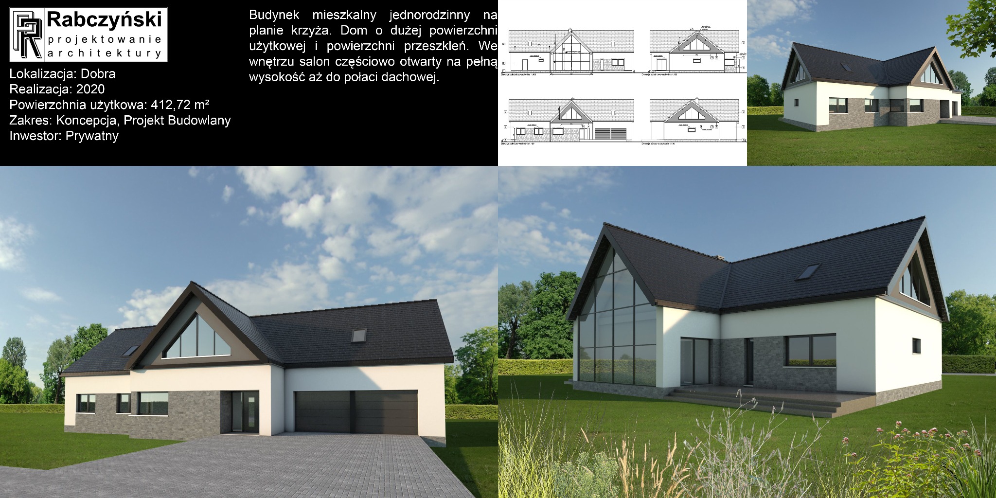 Wizualizacja domu jednorodzinnego z grafitowym dachem i dużymi przeszkleniami, z planami architektonicznymi i logo firmy projektowej. Koncepcja budynku mieszkalnego.