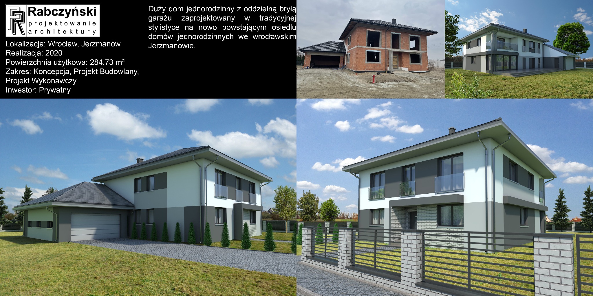 Dom jednorodzinny z garażem w Jerzmanowie: wizualizacja 3D gotowego projektu obok stanu surowego. Projekt Rabczyński Architektura, Wrocław.