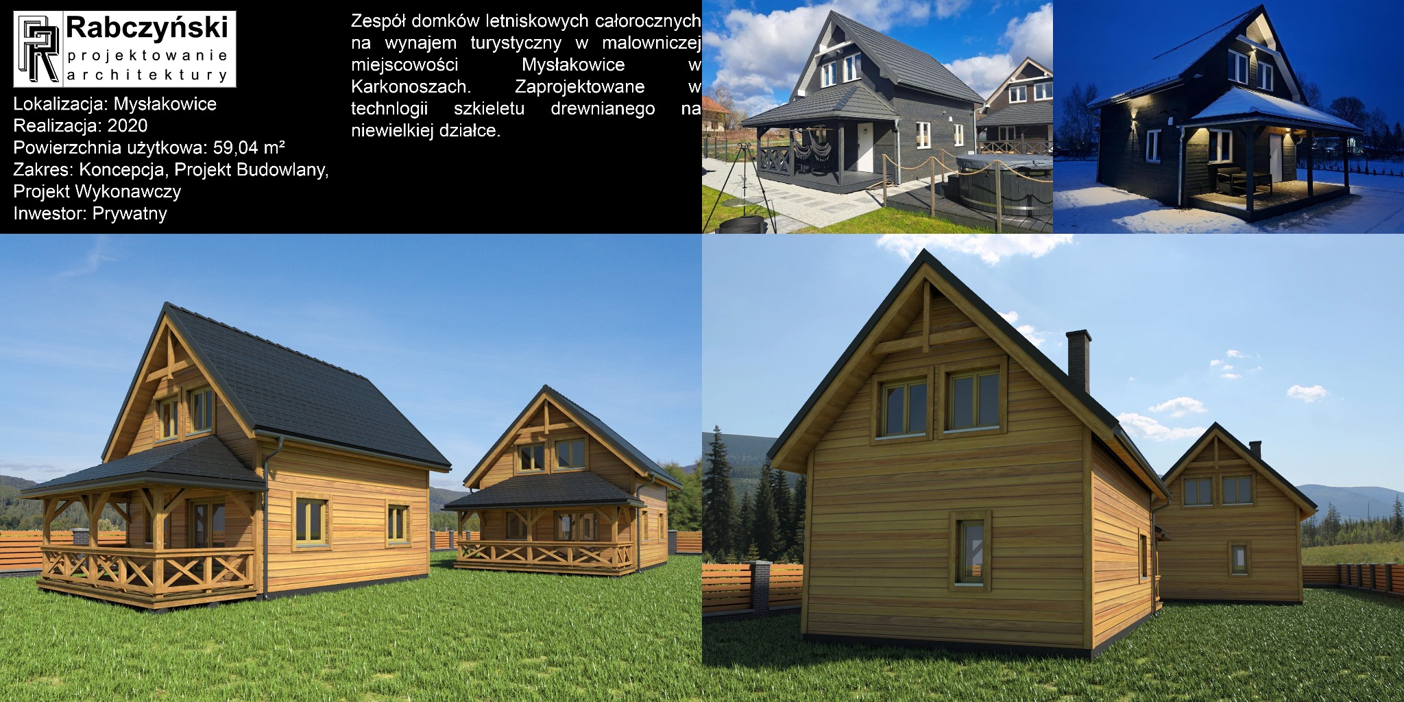 Wizualizacja zespołu domków letniskowych w Mysłakowicach, w technologii szkieletu drewnianego. Projekt obejmuje koncepcję, projekt budowlany i wykonawczy.