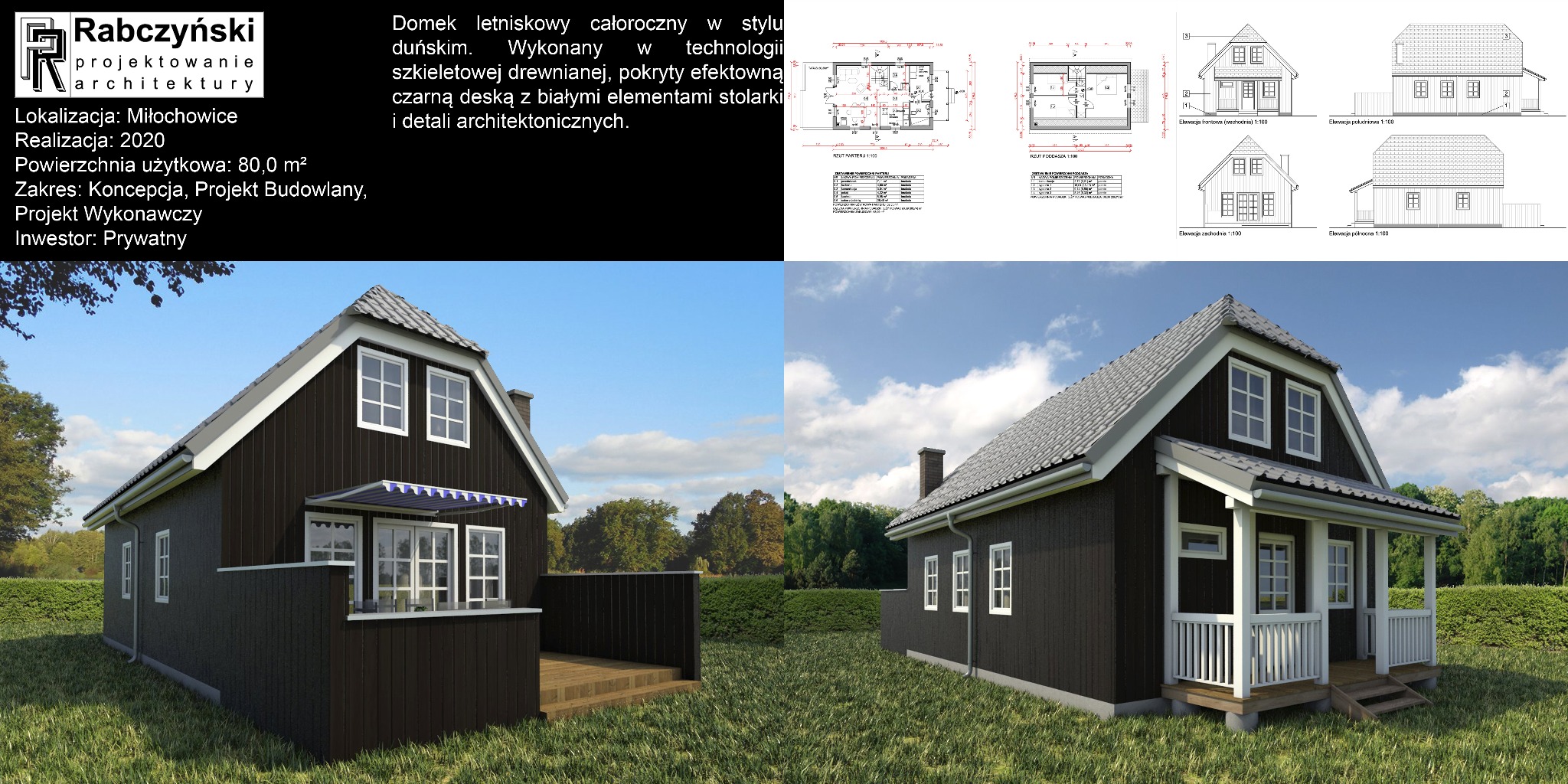 Wizualizacja domu letniskowego w stylu duńskim, z czarną deską i białymi elementami stolarki. Widoczne rzuty i elewacje budynku. Projekt wykonany w technologii szkieletowej.