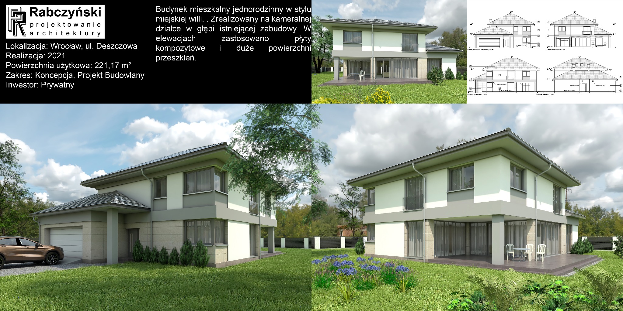 Wizualizacja domu jednorodzinnego w stylu willi miejskiej z elementami elewacji kompozytowej i dużymi przeszkleniami, zlokalizowanego we Wrocławiu.