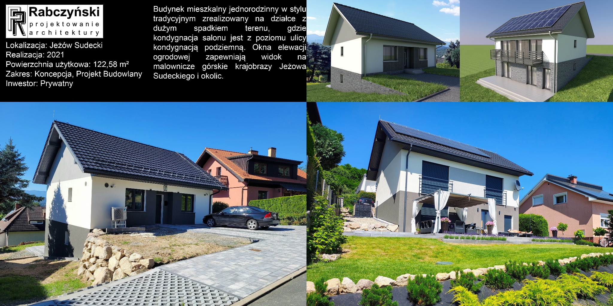 Projekt domu jednorodzinnego w Jeżowie Sudeckim, zrealizowany na działce ze spadkiem. Widok na elewację ogrodową i malownicze krajobrazy górskie.