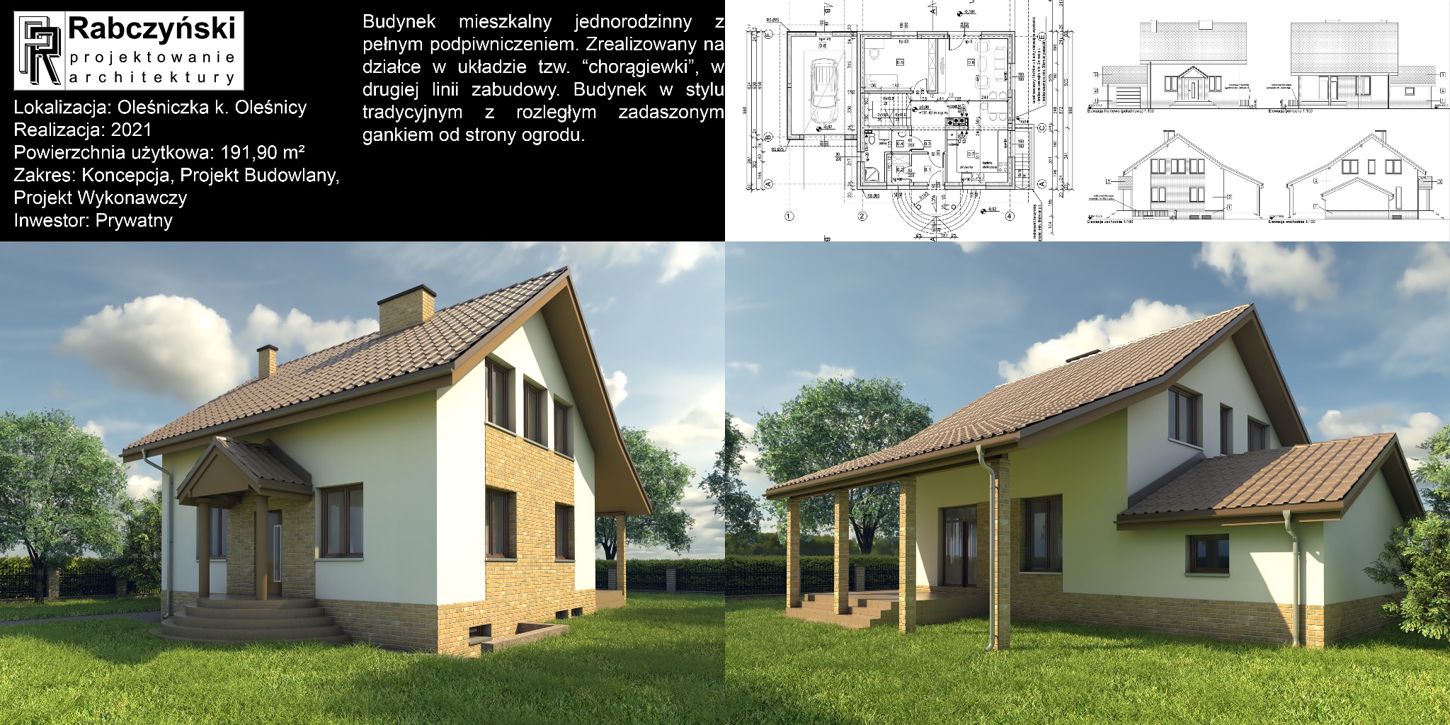 Wizualizacja domu jednorodzinnego z podpiwniczeniem, w stylu tradycyjnym, z zadaszonym gankiem. Widoczne plany architektoniczne i dane projektu.