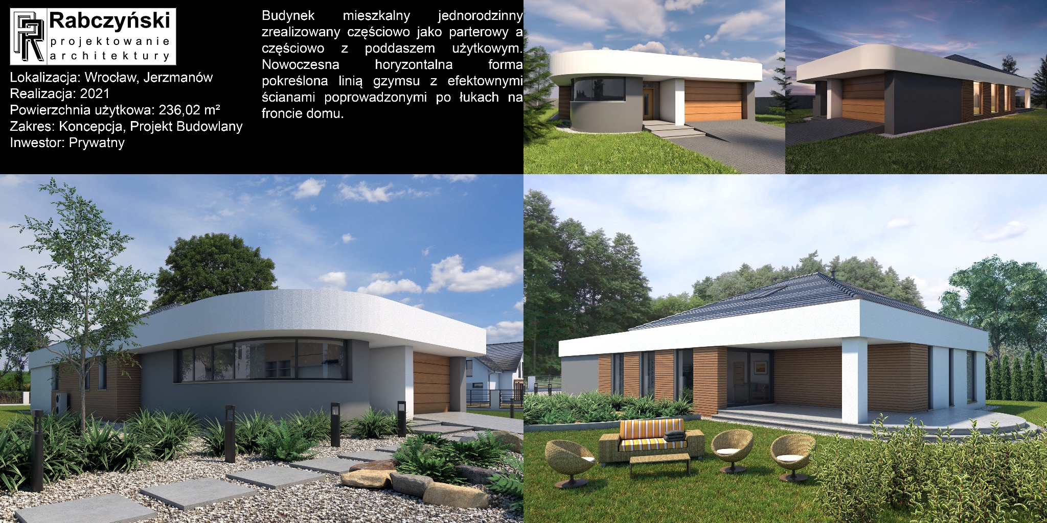 Wizualizacja nowoczesnego domu jednorodzinnego z płaskim dachem i elementami łukowymi, otoczonego zielenią. Projekt architektoniczny z Wrocławia, Jerzmanowa.