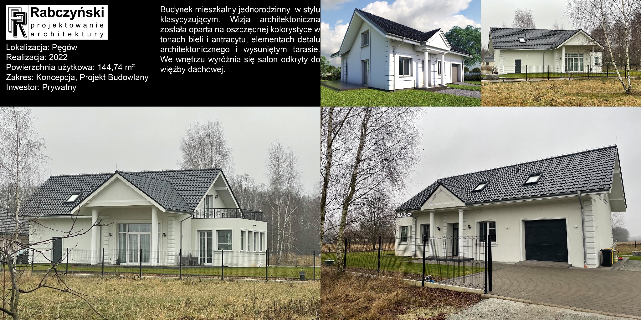 Wizualizacja projektu domu jednorodzinnego w stylu klasycznym z antracytowym dachem i białymi ścianami, z elementami detalu architektonicznego i wysuniętym tarasem.