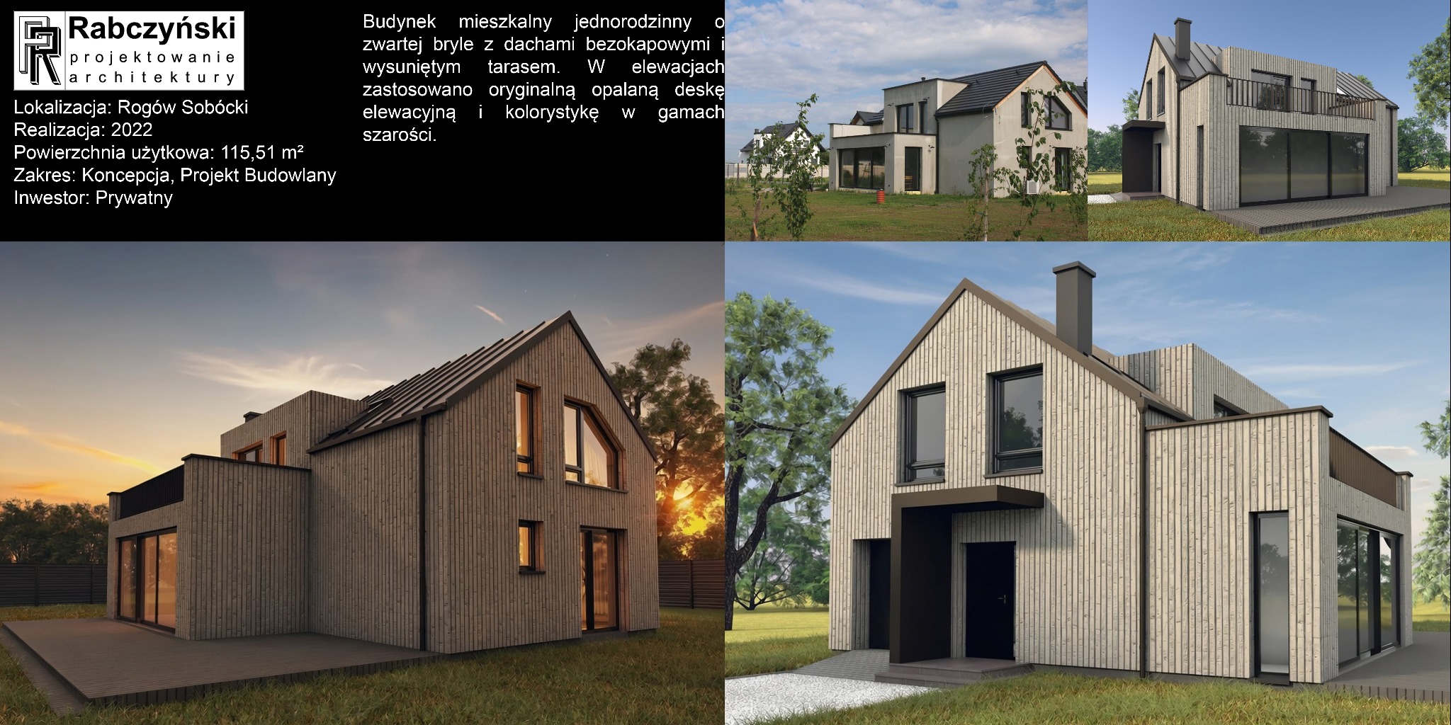 Wizualizacja domu jednorodzinnego z opalaną deską elewacyjną i bezokapowymi dachami, Rogów Sobócki, projekt koncepcyjny z 2022 roku, powierzchnia 115,51 m2.