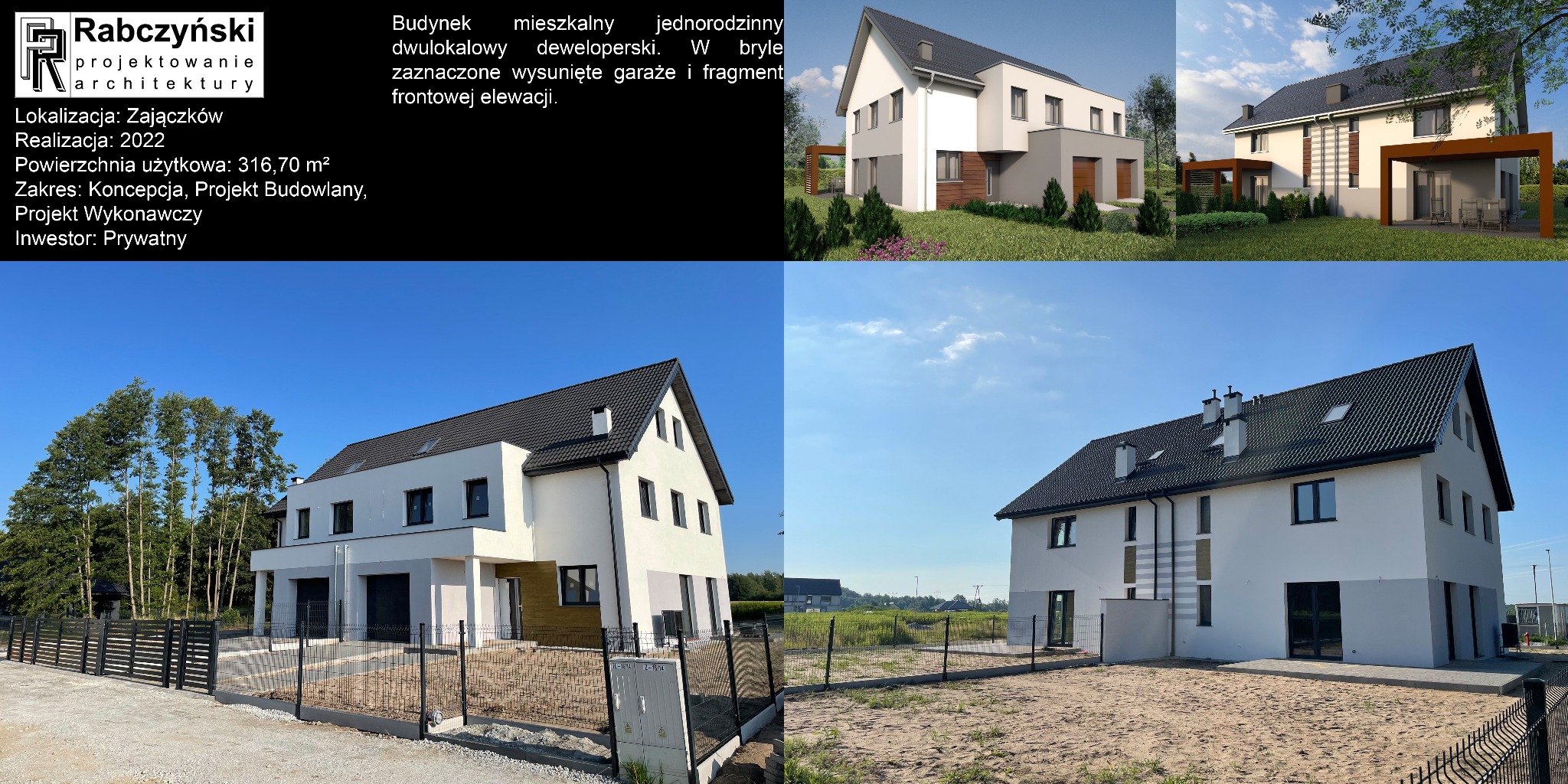 Wizualizacja i realizacja: nowoczesny, dwulokalowy dom jednorodzinny z wysuniętymi garażami, projektowany w 2022 roku w Zajączkowie. Koncepcja i projekt wykonawczy.