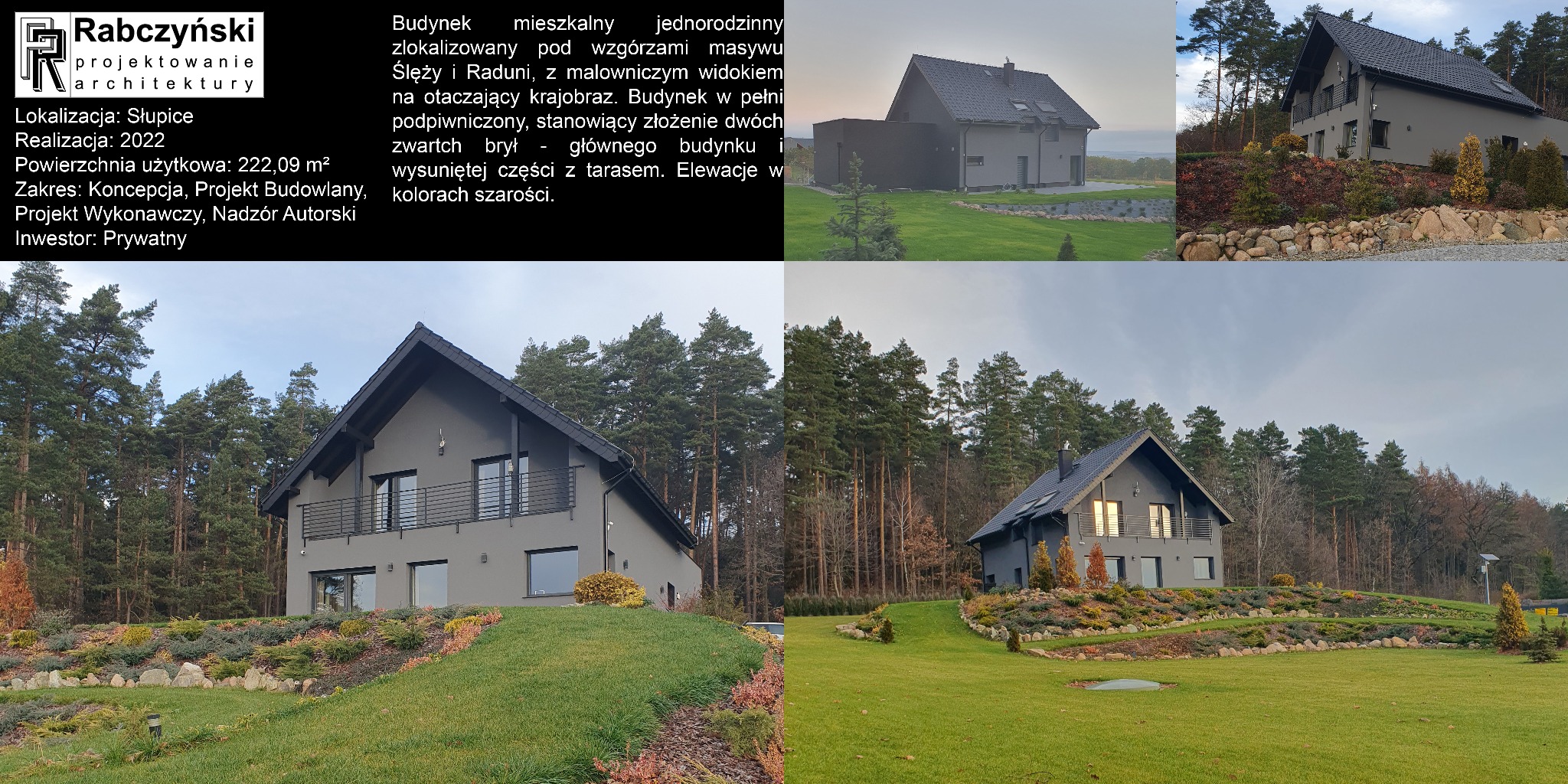 Nowoczesny dom jednorodzinny w szarościach, zlokalizowany na wzgórzu, otoczony zielenią i lasem. Projekt architektoniczny z tarasem i podpiwniczeniem.