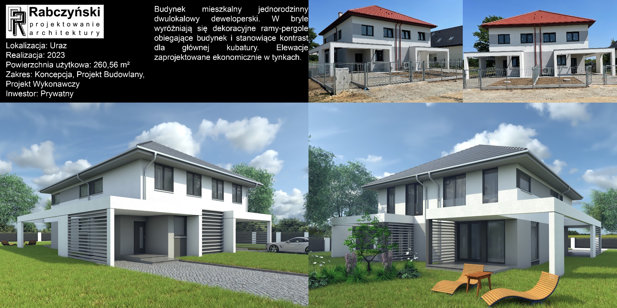 Wizualizacja nowoczesnego, dwukondygnacyjnego domu z białymi elewacjami i dekoracyjnymi ramami-pergolami, otoczonego zielenią. Widoczne detale architektoniczne i otoczenie.