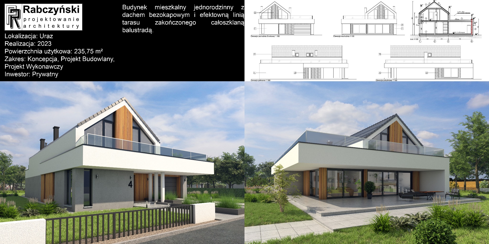 Wizualizacja nowoczesnego domu jednorodzinnego z płaskim dachem i szklaną balustradą tarasu, otoczonego zielenią. Widoczne elewacje i przekroje budynku.