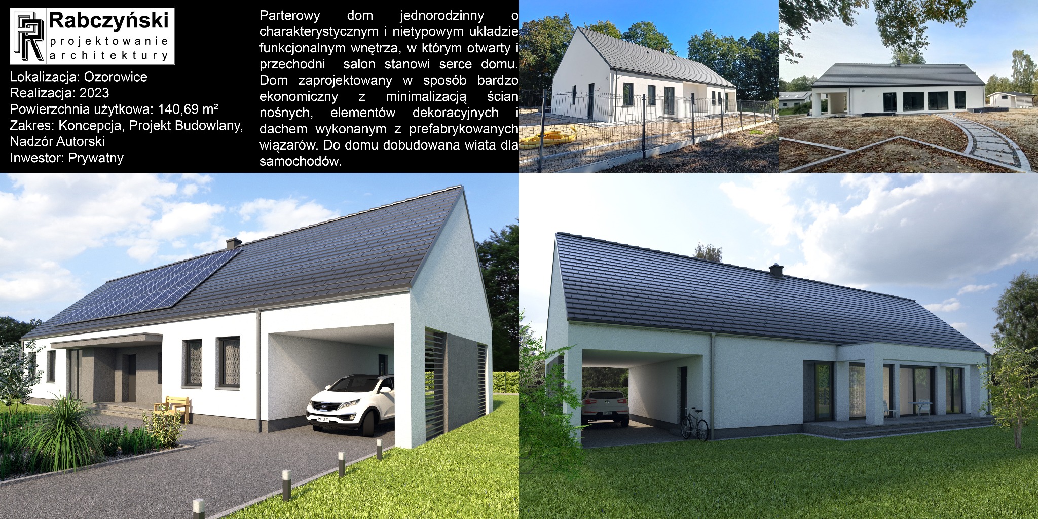 Wizualizacja parterowego domu jednorodzinnego z wiatą na samochody, panele słoneczne na dachu, nowoczesna architektura, jasna elewacja, zadbany ogród.