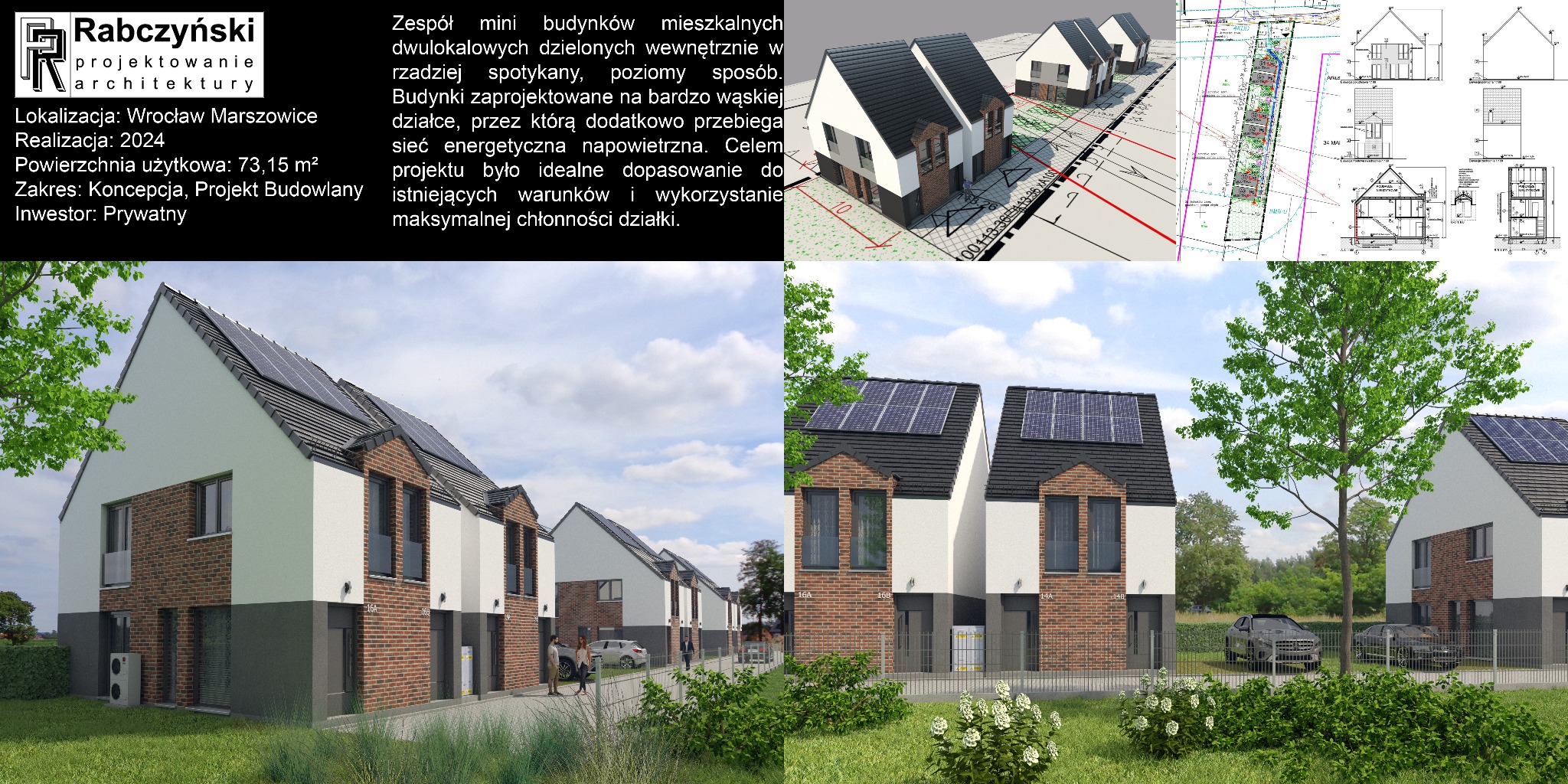 Wizualizacja osiedla domów dwulokalowych z panelami słonecznymi na dachach, z planem zagospodarowania i przekrojami budynków w tle. Projekt Rabczyński Architektura.