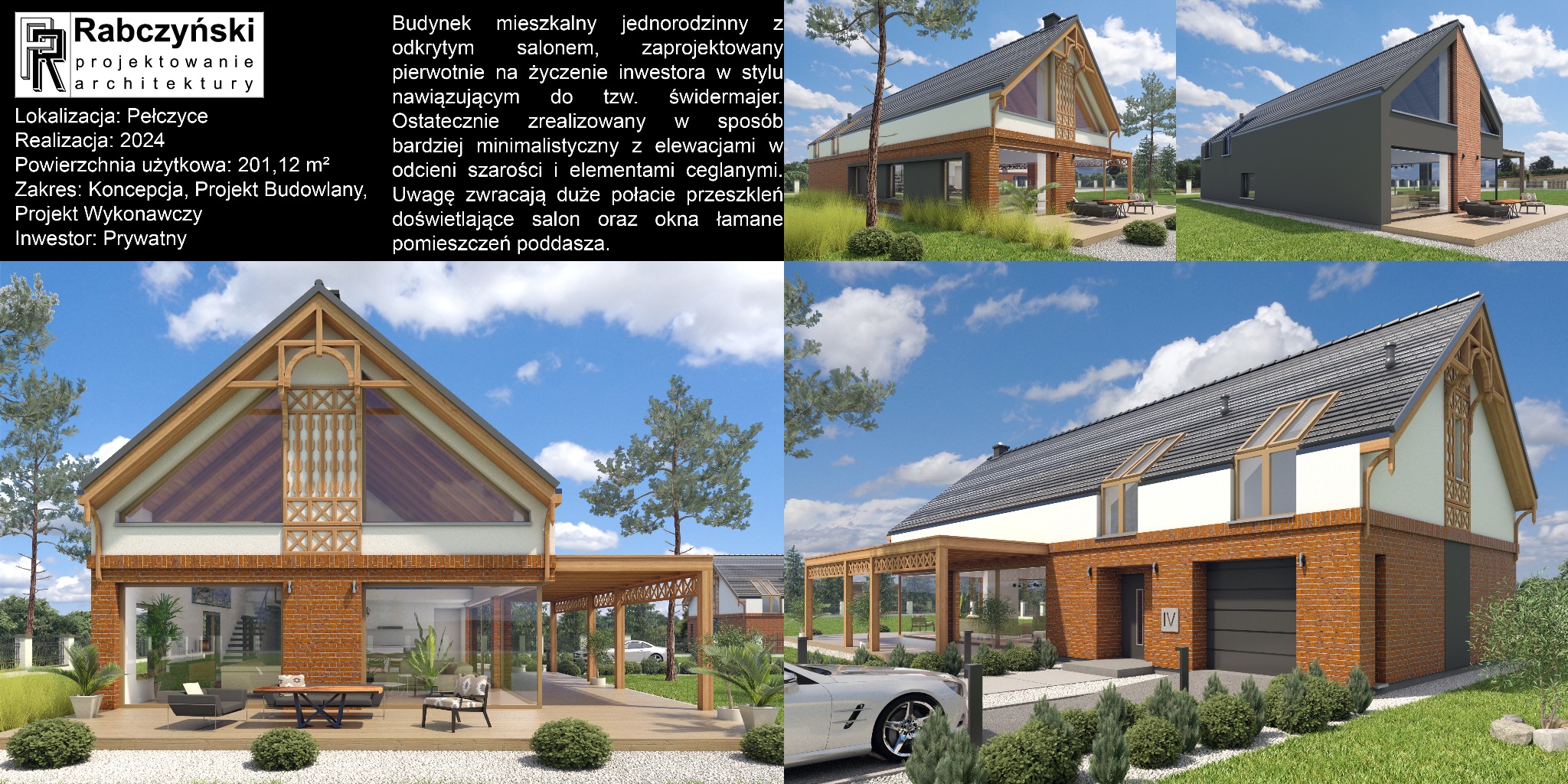 Wizualizacja domu jednorodzinnego z elementami ceglanymi i dużymi przeszkleniami, zaprojektowanego w stylu minimalistycznym z nawiązaniami do świdermajera.