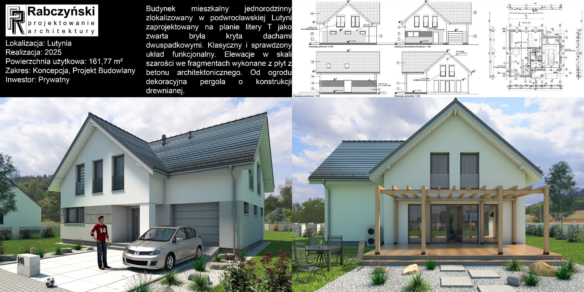 Wizualizacja domu jednorodzinnego z garażem i pergolą, z elementami projektu architektonicznego w tle. Nowoczesna bryła, jasna elewacja, zadbany ogród.
