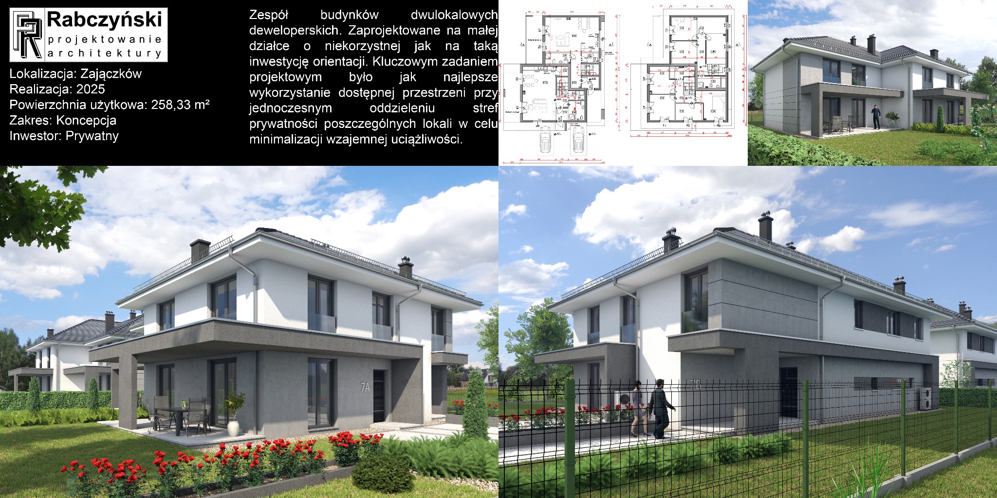 Wizualizacja projektu zespołu budynków dwulokalowych z planem zagospodarowania, prezentująca nowoczesną architekturę i przemyślane rozplanowanie przestrzeni.