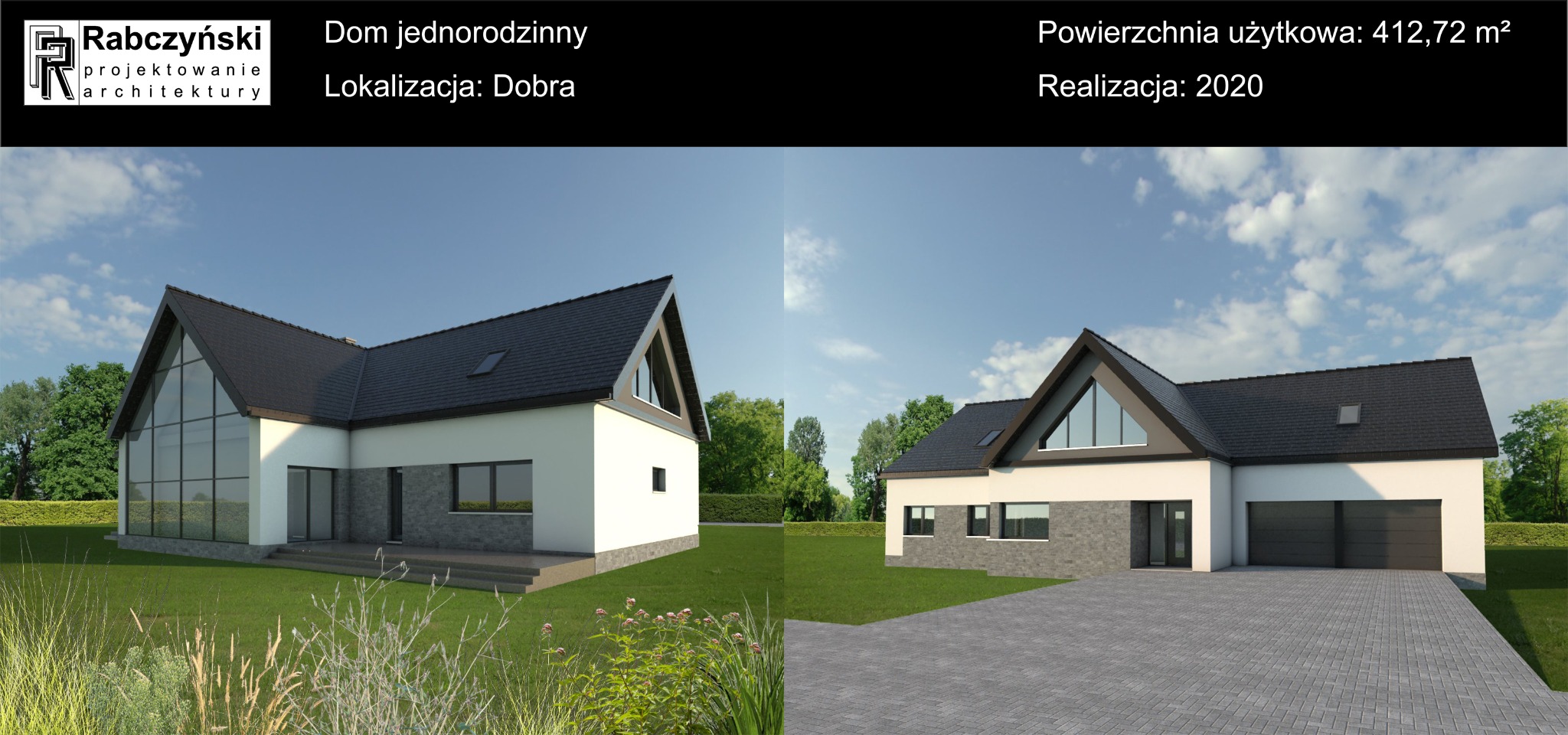Wizualizacja nowoczesnego domu jednorodzinnego z dachem dwuspadowym i dużymi przeszkleniami, prezentowana z dwóch perspektyw w słoneczny dzień. Na pierwszym planie trawa i roślinność ozdobna.