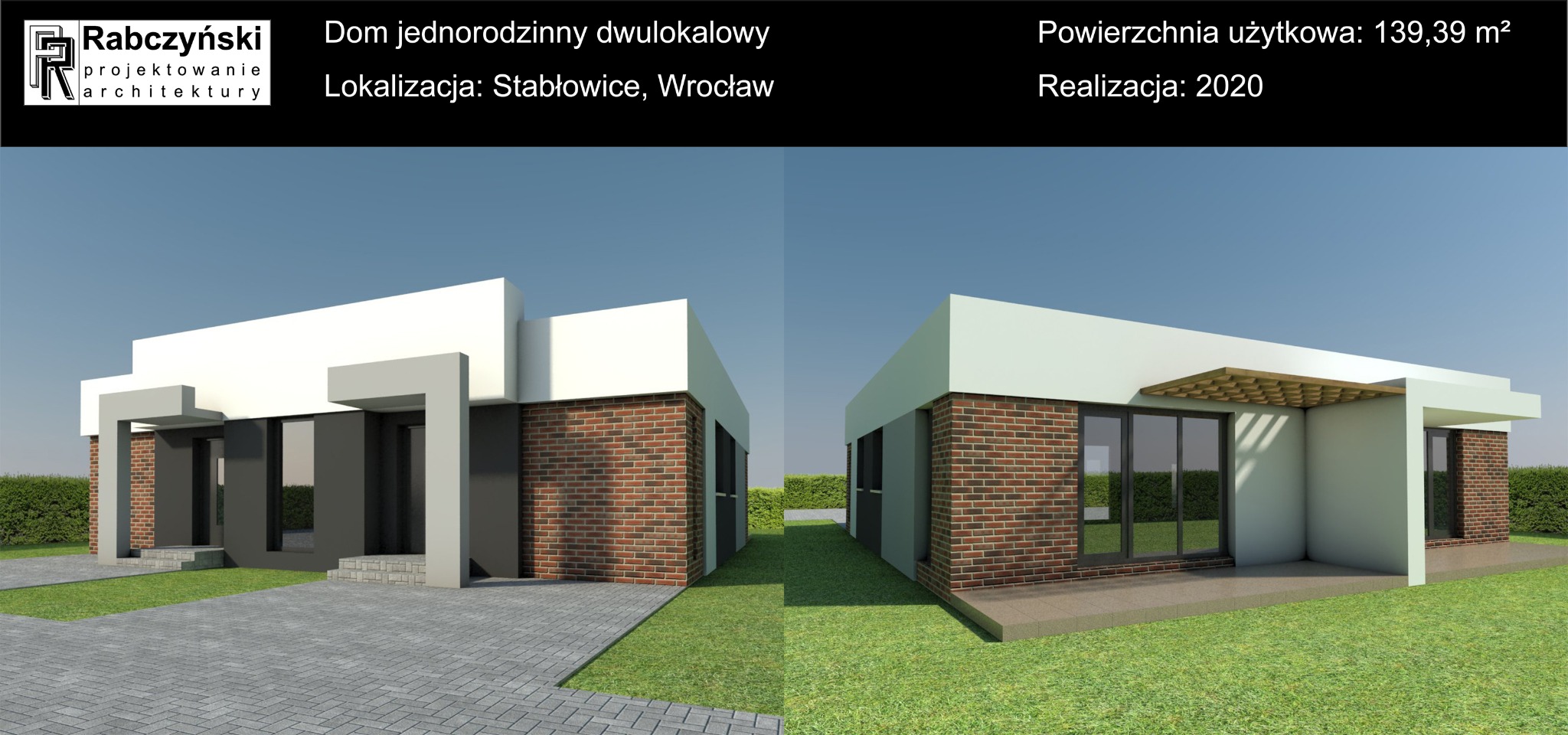 Wizualizacja projektu domu jednorodzinnego dwulokalowego z elewacją z cegły klinkierowej i elementami w kolorze szarym, z płaskim dachem i zadaszeniem tarasu z drewnianej kratownicy. Ukazane są...