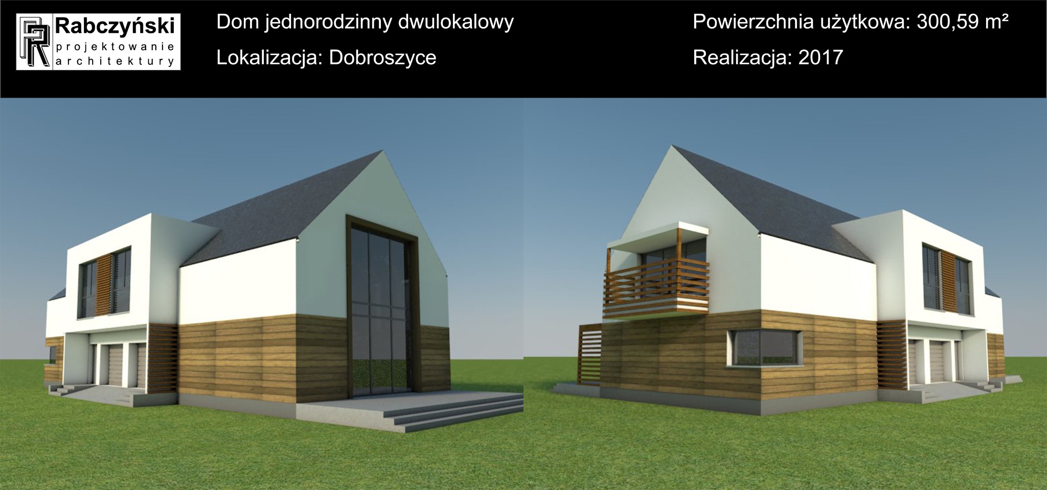 Wizualizacja dwukondygnacyjnego domu jednorodzinnego z drewnianą elewacją, białymi ścianami i balkonem, prezentowana z dwóch różnych perspektyw na tle zielonej trawy i błękitnego nieba.