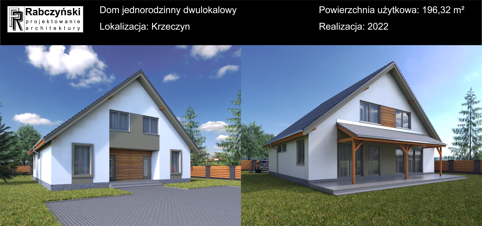 Wizualizacja dwukondygnacyjnego domu jednorodzinnego z drewnianą elewacją i zadaszonym tarasem, otoczonego zielenią, prezentowana w dwóch ujęciach z przodu i z boku, z informacjami o lokalizacji...