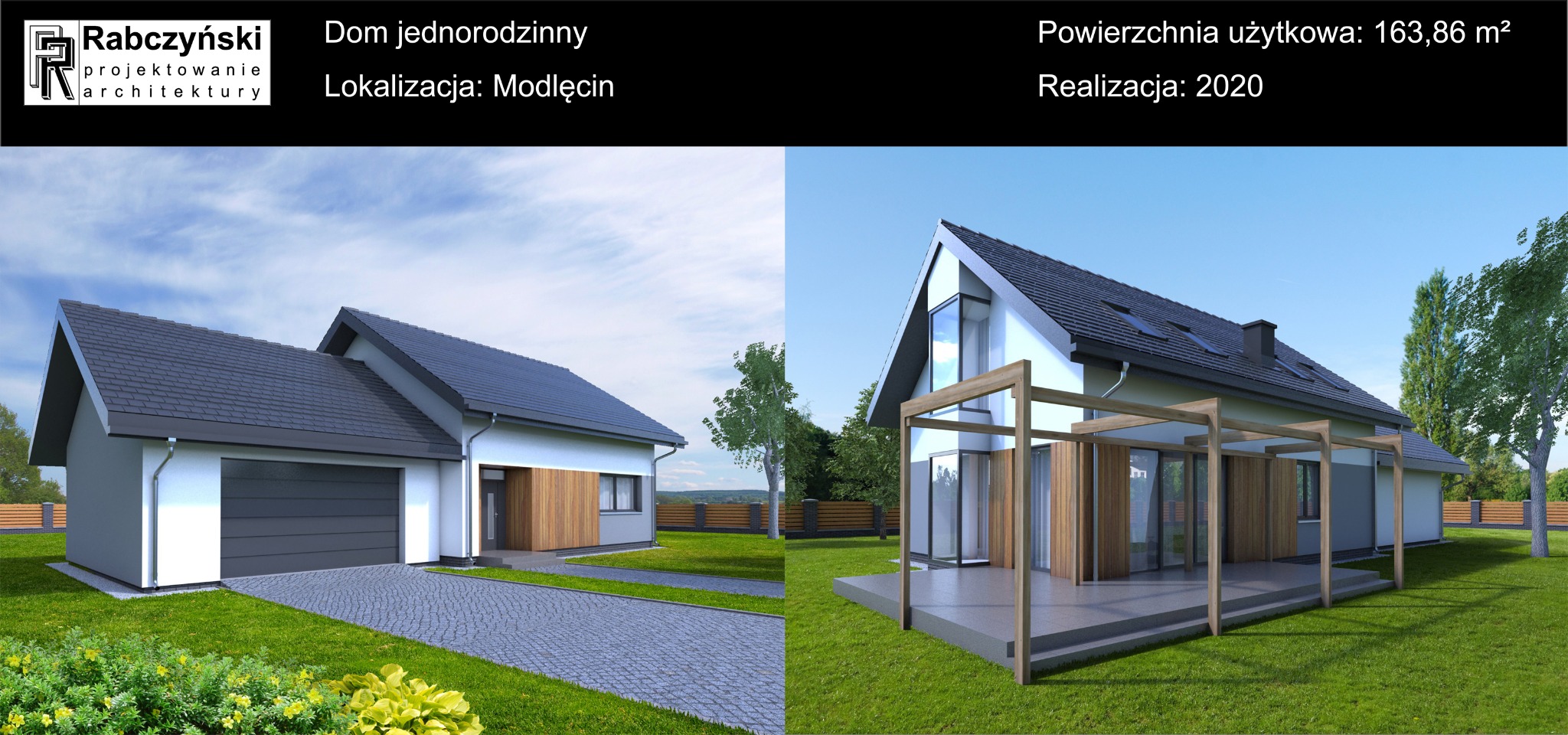 Wizualizacja projektu nowoczesnego domu jednorodzinnego z garażem i zadaszonym tarasem, prezentująca elewację frontową i tylną w słoneczny dzień.